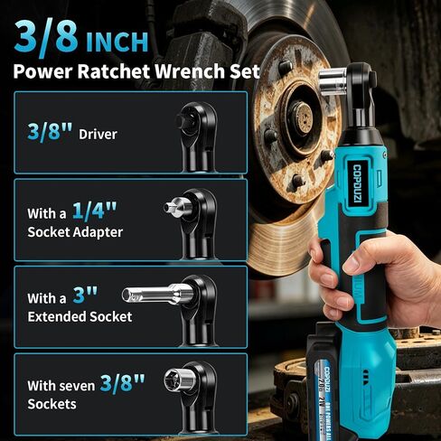 21V 3/8" Cordless Ratchet Wrench Set, 89 ft-lbs (120Nm) High Torque Brushless Electric Ratchet with 2 x 2.0Ah Battery and Charger, Power Ratchet Kit with 7 Sockets,1/4 Adaptor, 3"Extension Bar in Kuwait