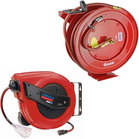 Lincoln 1220B Professional Shop Utility Reel Kit, 83753 Air/Water Retractable Hose Reel with 50 Ft Hose, 91039 60 Ft Tri-Tap Power Cord Reel, Auto-Guide Rewind, Magnetic Brake, Industrial Service in Kuwait