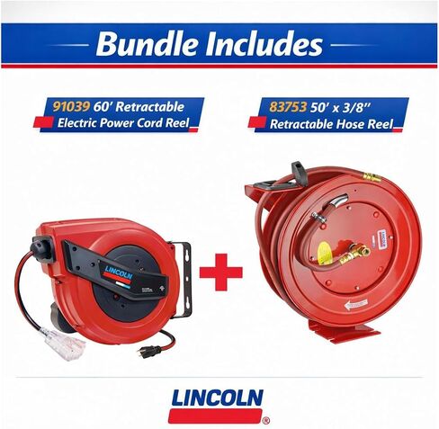 Lincoln 1220B Professional Shop Utility Reel Kit, 83753 Air/Water Retractable Hose Reel with 50 Ft Hose, 91039 60 Ft Tri-Tap Power Cord Reel, Auto-Guide Rewind, Magnetic Brake, Industrial Service in Kuwait
