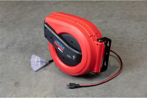 Lincoln 1220B Professional Shop Utility Reel Kit, 83753 Air/Water Retractable Hose Reel with 50 Ft Hose, 91039 60 Ft Tri-Tap Power Cord Reel, Auto-Guide Rewind, Magnetic Brake, Industrial Service in Kuwait