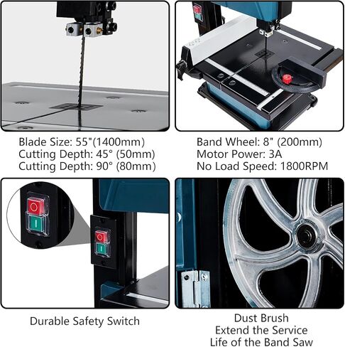 Towallmark 8-Inch Benchtop Band Saw, 3A & 1800RPM Pure Copper Motor, 0-45° Tilting Table, Fence & Miter Gauge Included, for Wood Aluminum Plastic Cutting in Kuwait