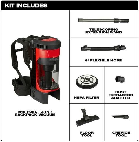 Fits Milwaukee M18 Fuel 0885-20 18V Cordless 3-in-1 Backpack Vacuum – Wet/Dry Portable Shop Vacuum with HEPA Filtration, Adjustable Hose in Kuwait