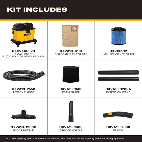 DEWALT 20V Cordless Shop Vac, AC/DC 9 Gal Wet Dry Vacuum Cleaner, Tool Only | Dual Motor System, Self-Cleaning Filter, Blower Function, Portable Shop Vacuum for Garage, Workshop & Jobsite, DXCVXA092B in Kuwait