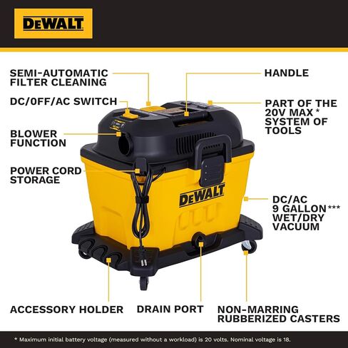 DEWALT 20V Cordless Shop Vac, AC/DC 9 Gal Wet Dry Vacuum Cleaner, Tool Only | Dual Motor System, Self-Cleaning Filter, Blower Function, Portable Shop Vacuum for Garage, Workshop & Jobsite, DXCVXA092B in Kuwait