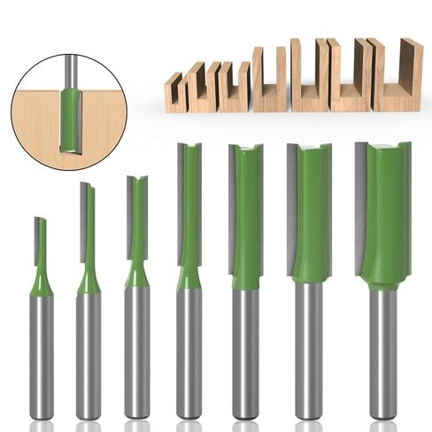 7pcs 1/4" Shank Straight Router Bit 3/4/5/6/8/10/12mm Blade Diameter for Woodworking, Tungsten Carbide Double and Single Flute Straight Cut Router Bits Set, Green in Kuwait