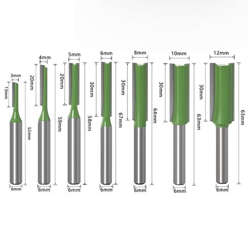 7pcs 1/4" Shank Straight Router Bit 3/4/5/6/8/10/12mm Blade Diameter for Woodworking, Tungsten Carbide Double and Single Flute Straight Cut Router Bits Set, Green in Kuwait