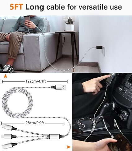 Multi Charging Cable, 5ft 3Pack Multi Charger Cable Nylon Braided Multiple USB Universal 3 in 1 Charging Cord Adapter with Type-C, Micro USB Port Connectors for Cell Phones and More in Saudi Arabia