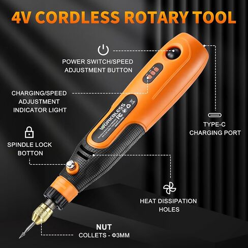 4V Cordless Rotary Tool Kit W/ 105pcs Accessories, 3-Speed, USB-C | Max 15000RPM Battery Power & Charging Orange Electric Mini Power Rotary Tool for Polishing, Grinding, Cutting, Engraving in Kuwait