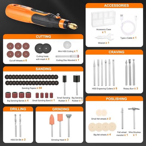 4V Cordless Rotary Tool Kit W/ 105pcs Accessories, 3-Speed, USB-C | Max 15000RPM Battery Power & Charging Orange Electric Mini Power Rotary Tool for Polishing, Grinding, Cutting, Engraving in Kuwait