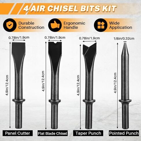 MAOPINER 150mm Pneumatic Air Hammer 4500 BPM Air Chisel Kit | Heavy Duty Short Barrel Air Hammer with 4 Chisel Bits for Automotive Repair, Rust Removal, Metal Work & Concrete Scraping in Kuwait