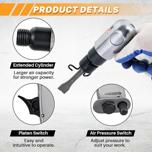 MAOPINER 150mm Pneumatic Air Hammer 4500 BPM Air Chisel Kit | Heavy Duty Short Barrel Air Hammer with 4 Chisel Bits for Automotive Repair, Rust Removal, Metal Work & Concrete Scraping in Kuwait
