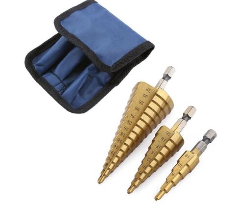 3 Pcs Straight Grooved Step Drill Bit Set, High Step Steel Titanium Drill Bits Set Power Tools 4-12/4-20/4-32mm Hex Shank Drive, HSS Cut Tool Set for Metal Wood Steel DIY Plastic in Kuwait