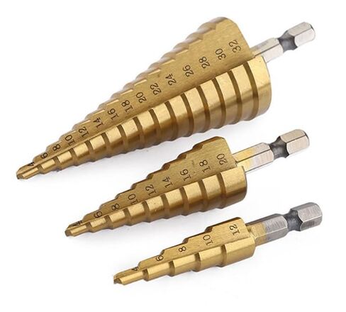3 Pcs Straight Grooved Step Drill Bit Set, High Step Steel Titanium Drill Bits Set Power Tools 4-12/4-20/4-32mm Hex Shank Drive, HSS Cut Tool Set for Metal Wood Steel DIY Plastic in Kuwait