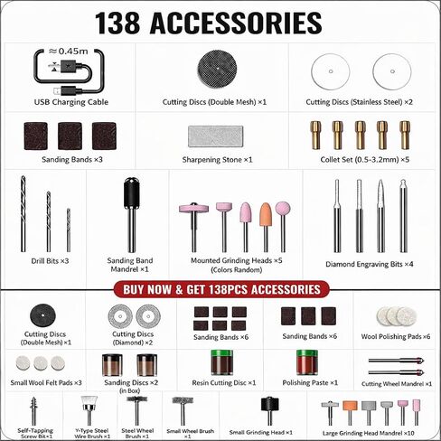 Cordless Rotary Tool, 5-Speed Mini Rotary Tool Kit with 138 Accessories, 3.7V Type-C Charging & LED Light, Multi-Purpose for Engraving Sanding Polishing Drilling DIY Crafts Wood Metal Resin in Kuwait