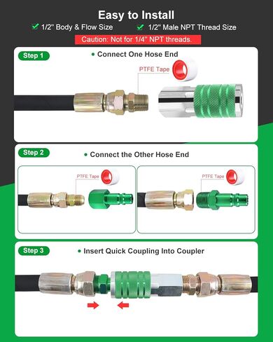 GODESON 1/2" Air Hose Fittings Kit, 3-Piece Quick Connect Adapter, 1/2" Female NPT I/M Industrial Coupler and 2 Plugs, 300 PSI Green Plated Heavy Duty Iron, Ideal for Pneumatic Tools & Air Compressor in Kuwait