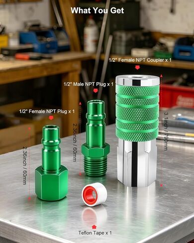 GODESON 1/2" Air Hose Fittings Kit, 3-Piece Quick Connect Adapter, 1/2" Female NPT I/M Industrial Coupler and 2 Plugs, 300 PSI Green Plated Heavy Duty Iron, Ideal for Pneumatic Tools & Air Compressor in Kuwait