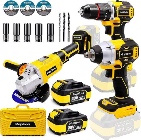Brushless Cordless Power Tool Combo Kit for Heavy DIY & Semi-Professional Use – 50Nm Drill Driver, 380Nm Impact Wrench, 5" Angle Grinder LCD, 2×3000mAh Batteries, Carry Case &&Accessories in Kuwait