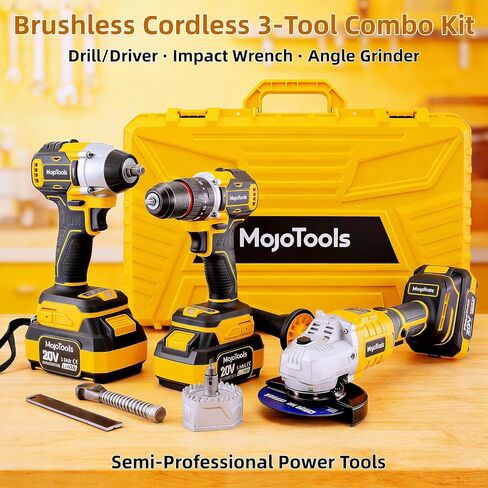 Brushless Cordless Power Tool Combo Kit for Heavy DIY & Semi-Professional Use – 50Nm Drill Driver, 380Nm Impact Wrench, 5" Angle Grinder LCD, 2×3000mAh Batteries, Carry Case &&Accessories in Kuwait