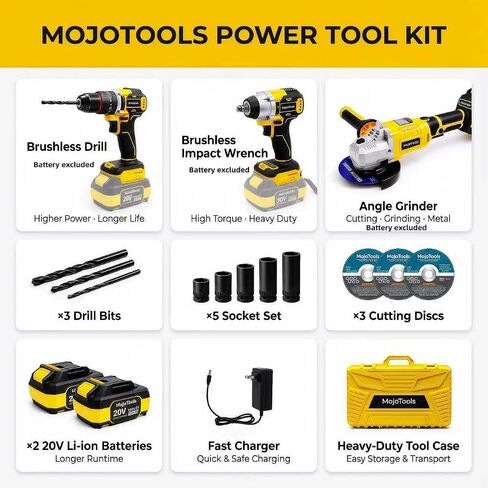 Brushless Cordless Power Tool Combo Kit for Heavy DIY & Semi-Professional Use – 50Nm Drill Driver, 380Nm Impact Wrench, 5" Angle Grinder LCD, 2×3000mAh Batteries, Carry Case &&Accessories in Kuwait