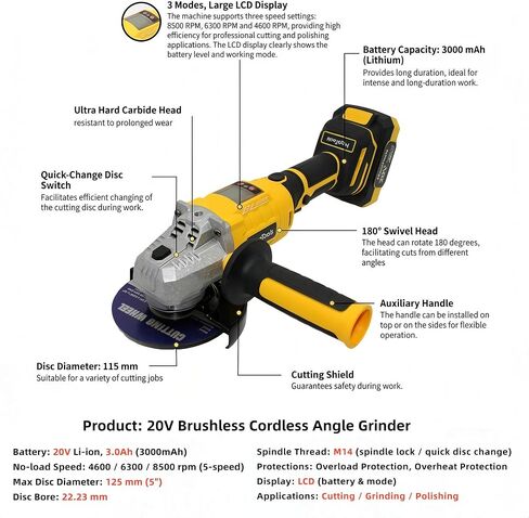 Brushless Cordless Power Tool Combo Kit for Heavy DIY & Semi-Professional Use – 50Nm Drill Driver, 380Nm Impact Wrench, 5" Angle Grinder LCD, 2×3000mAh Batteries, Carry Case &&Accessories in Kuwait