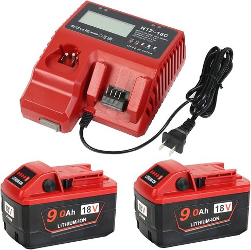 2 Pack 18V 9.0Ah Battery and 1 Charger Replace for Milwaukee M-18 Batteries | High Output,LCD Display USB Port 12V/18V charger,keep-cool,Safety protection,LED display,Compatible with Milwaukee tools in Kuwait