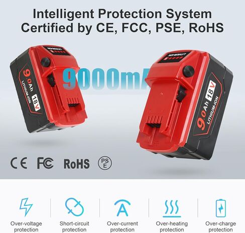 2 Pack 18V 9.0Ah Battery and 1 Charger Replace for Milwaukee M-18 Batteries | High Output,LCD Display USB Port 12V/18V charger,keep-cool,Safety protection,LED display,Compatible with Milwaukee tools in Kuwait