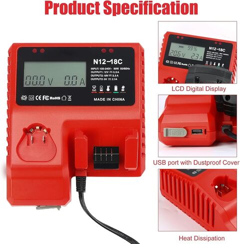 2 Pack 18V 9.0Ah Battery and 1 Charger Replace for Milwaukee M-18 Batteries | High Output,LCD Display USB Port 12V/18V charger,keep-cool,Safety protection,LED display,Compatible with Milwaukee tools in Kuwait