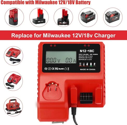 2 Pack 18V 9.0Ah Battery and 1 Charger Replace for Milwaukee M-18 Batteries | High Output,LCD Display USB Port 12V/18V charger,keep-cool,Safety protection,LED display,Compatible with Milwaukee tools in Kuwait