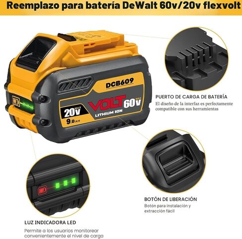 DCB609 60V MAX Replace for dewalt 60v max Battery, 20V/60V MAX 9.0Ah, Compatible with Original Power Tools and Chargers in Kuwait