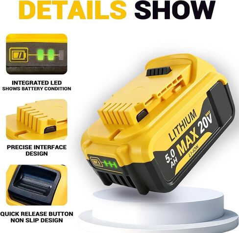 HHMM Replacement for Dewalt 20V Max Battery（2 Pack）: 5.0Ah Lithium Batteries Compatible with Dewalt Battery DCB180 DCB200 DCB204 DCB205 DCB206 DCB208 in Kuwait