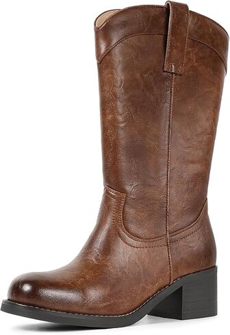 Women's Mid Calf Boots with Zipper, Square Toe Chunky Block Low Heel Riding Cowboy Boots for Women Casual Fashion in Kuwait