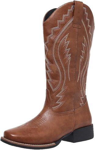 Cowboy Boots for Women Western Boots Cowgirl Embroidery Low Chunky Heel Square Toe Mid Calf US size 6-12 in Kuwait