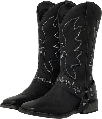 SheSole Womens Cowboy Boots Square Toe with Buckle Strap | Western Fashion Style, Cowgirl Boots for Everyday, Mid Calf, Low Block Heel, Wide Calf, Lightweight in Kuwait