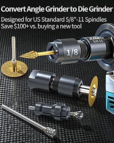 Angle Grinder to Die Grinder Adapter & Extension Shaft 2-Pack | Converts 5/8"-11 angle grinders to 1/4" die grinders. Includes extension shaft for tight spots. CNC machined adapter chuck. in Kuwait