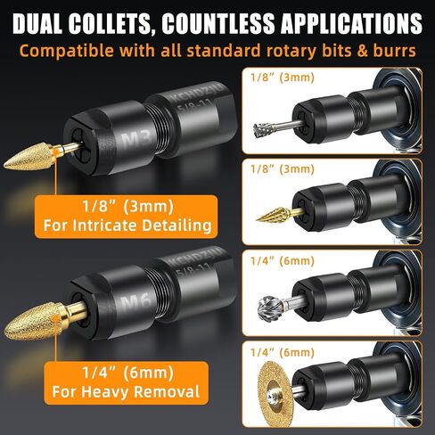 2Pcs Angle Grinder to Die Grinder Adapter, 5/8"-11 Thread Converter with 1/4" & 1/8" Collet Chuck, Heavy Duty Extension Rod for Wood Carving Metal Polishing Rotary Burrs in Kuwait