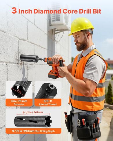 VEVOR Core Drill Bit, 3 inch Diameter, 9-1/2 inch Drilling Depth, 5/8-11 Internal Thread, Diamond Dry Coring Bit with 3 Adapters, Pilot Drill and Hex Wrench, for Concrete, Red Bricks, and Masonry in Kuwait
