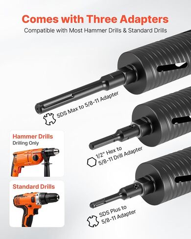 VEVOR Core Drill Bit, 3 inch Diameter, 9-1/2 inch Drilling Depth, 5/8-11 Internal Thread, Diamond Dry Coring Bit with 3 Adapters, Pilot Drill and Hex Wrench, for Concrete, Red Bricks, and Masonry in Kuwait