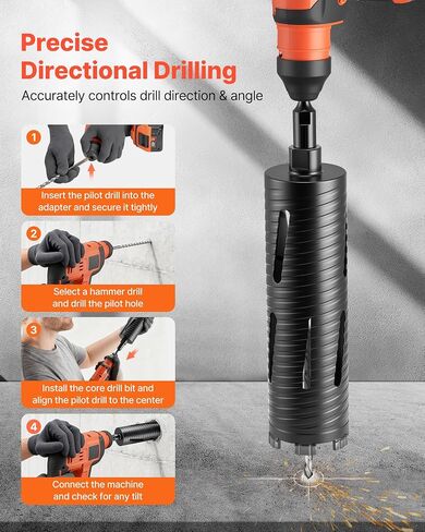 VEVOR Core Drill Bit, 3 inch Diameter, 9-1/2 inch Drilling Depth, 5/8-11 Internal Thread, Diamond Dry Coring Bit with 3 Adapters, Pilot Drill and Hex Wrench, for Concrete, Red Bricks, and Masonry in Kuwait