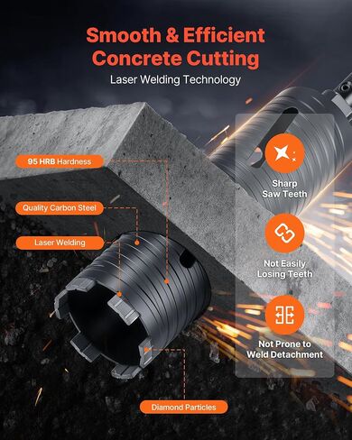 VEVOR Core Drill Bit, 3 inch Diameter, 9-1/2 inch Drilling Depth, 5/8-11 Internal Thread, Diamond Dry Coring Bit with 3 Adapters, Pilot Drill and Hex Wrench, for Concrete, Red Bricks, and Masonry in Kuwait