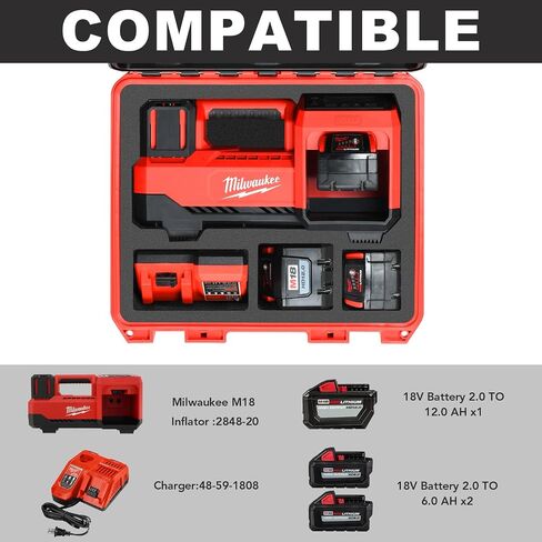 Air Compressor Storage Case for Milwaukee M18 Tire Inflator 2848-20 | Custom Hard-Shell Box, Waterproof & Shockproof, for Battery3.0 to 12.0Ah & Charger, for Roadside Emergency Tire Inflation in Kuwait