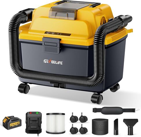 GEVEELIFE Cordless Shop Vac Wet and Dry, 4.3 Gallon Shop Vac with 5.0Ah Battery Powered, Fast Charger, HEPA Filter, Strap & Wheels, 3-in-1 Wet Dry Vacuum Cleaner for Garage, Car, Workshop in Kuwait