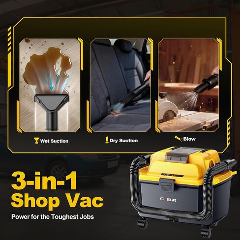 GEVEELIFE Cordless Shop Vac Wet and Dry, 4.3 Gallon Shop Vac with 5.0Ah Battery Powered, Fast Charger, HEPA Filter, Strap & Wheels, 3-in-1 Wet Dry Vacuum Cleaner for Garage, Car, Workshop in Kuwait