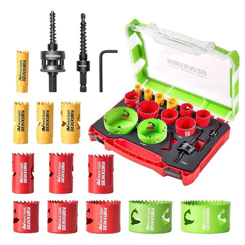 GEINXURN 15PCS Hole Saw Kit 5/8'' to 3'' (16mm-76mm) with Hole Saw Mandrel and Hex Wrench,HSS Bi-Metal Hole Cutter with Shark Tooth for Wood,Drywall, PVC Boards and Thin Metal in Kuwait