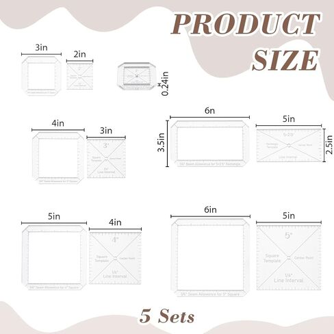 10pcs/Set Square Acrylic Quilting Ruler for Patchwork 2-5 Inches Transparent DIY Quilt Block Guide Set with 1/4" Line Interval Rectangle Quilting Template Removable for Drawing Cutting Sewing in Kuwait