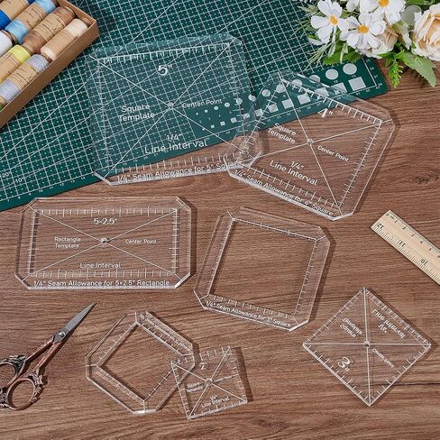 10pcs/Set Square Acrylic Quilting Ruler for Patchwork 2-5 Inches Transparent DIY Quilt Block Guide Set with 1/4" Line Interval Rectangle Quilting Template Removable for Drawing Cutting Sewing in Kuwait