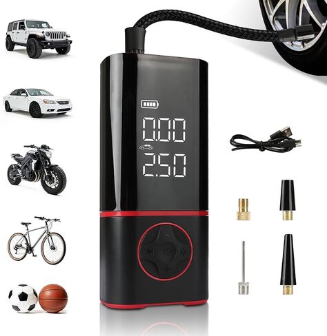 KITLUCK Portable Air Compressor, Tire Inflator with Digital Gauge, 2000mAh Rechargeable Battery, 150 PSI, for Car Tires, Bike, Motorcycle, Balls, Air Mattress, Includes LED Light & Multiple Nozzles in Kuwait