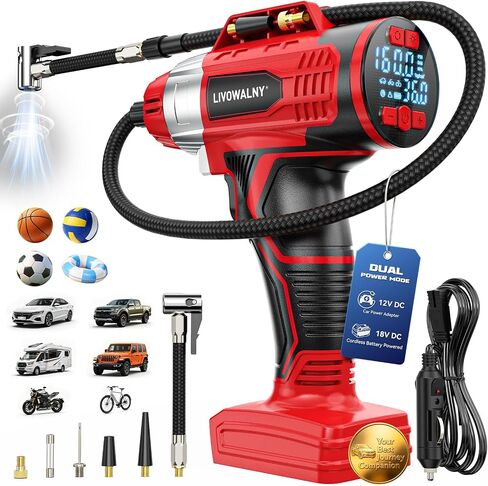 160PSI Cordless Tire Inflator Portable Air Compressor Compatible with Dewalt 20V Battery, LIVOWALNY 12Ft Cord-12V DC-Powered Air Pump with Digital Pressure Gauge, Auto Shut-Off for Car (Tool Only) in Kuwait