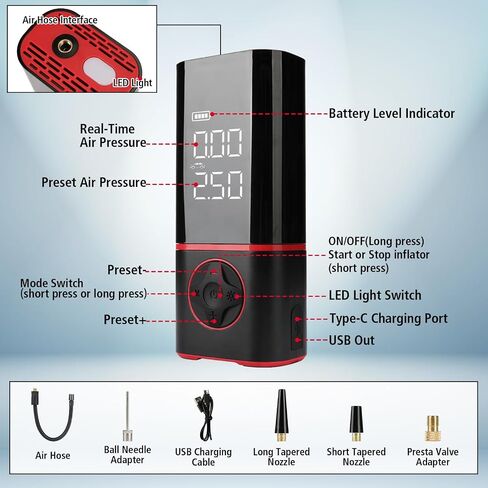 KITLUCK Portable Air Compressor, Tire Inflator with Digital Gauge, 2000mAh Rechargeable Battery, 150 PSI, for Car Tires, Bike, Motorcycle, Balls, Air Mattress, Includes LED Light & Multiple Nozzles in Kuwait