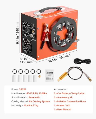 VEVOR PCP Air Compressor 4500PSI PCP Airgun Compressor & Built-in Converter, Auto Stop 350W DC12V/AC120V Portable Paintball Tank Compressors for Air Rifle, Scuba Diving Bottle in Kuwait