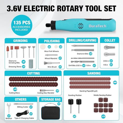 DURATECH 3.6V Cordless Rotary Tool Kit, Lightweight Power Rotary Tool with 135PC Accessories, Type-C Rechargeable, 6 Variable Speed for Sanding, Polishing, Carving, Cutting, Drilling and DIY Crafts in Kuwait